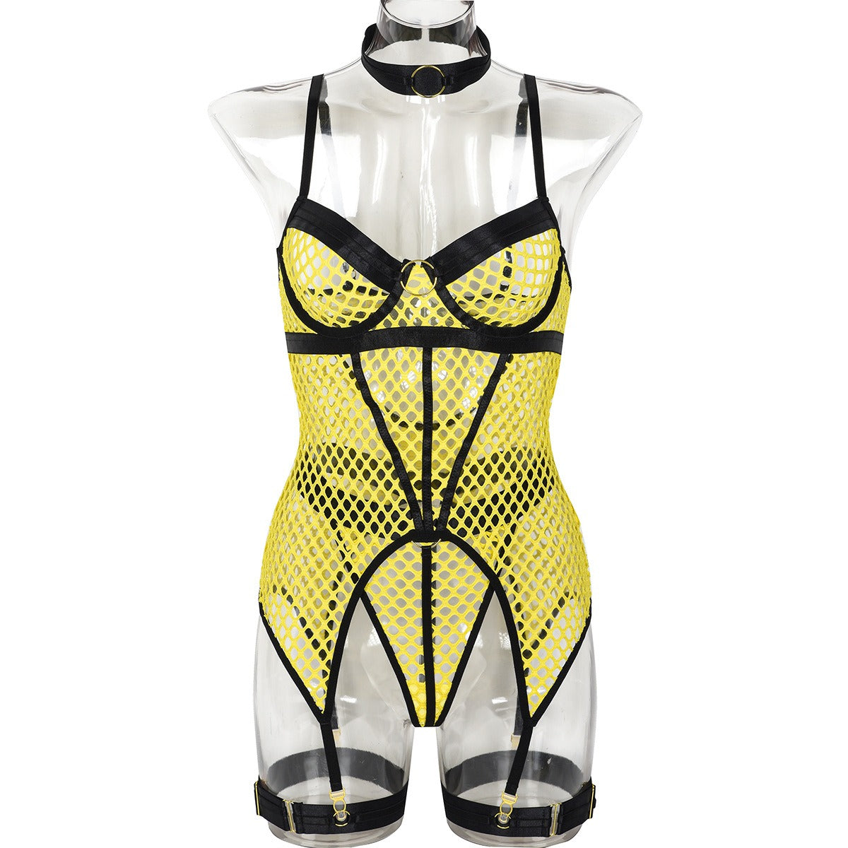 Ensemble 3 pièces en résille - body, string et jarretière