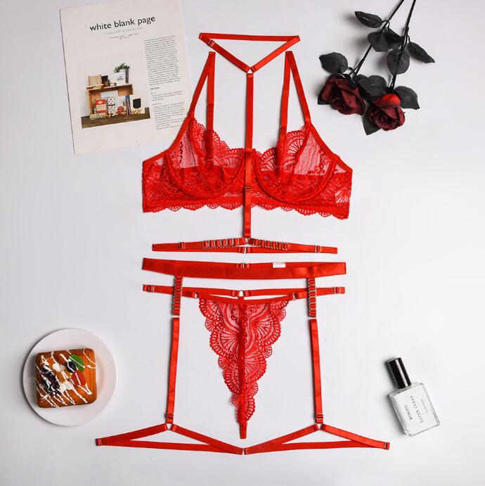 Ensemble 3 pièces transparent - soutien-gorge, porte-jarretelle et string assorti