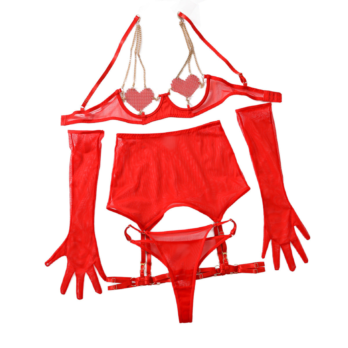 Ensemble Valentine - soutien-gorge coeur et porte-jarretelle en résille - string et gants assortis