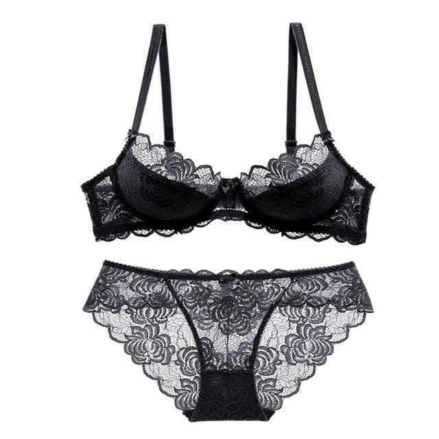 Sexy Bra Ultrathin Underwear Set Plus Size CD Cup Women Transparent Bra Sets Lace Embroidery Lingerie Gray Brassiere