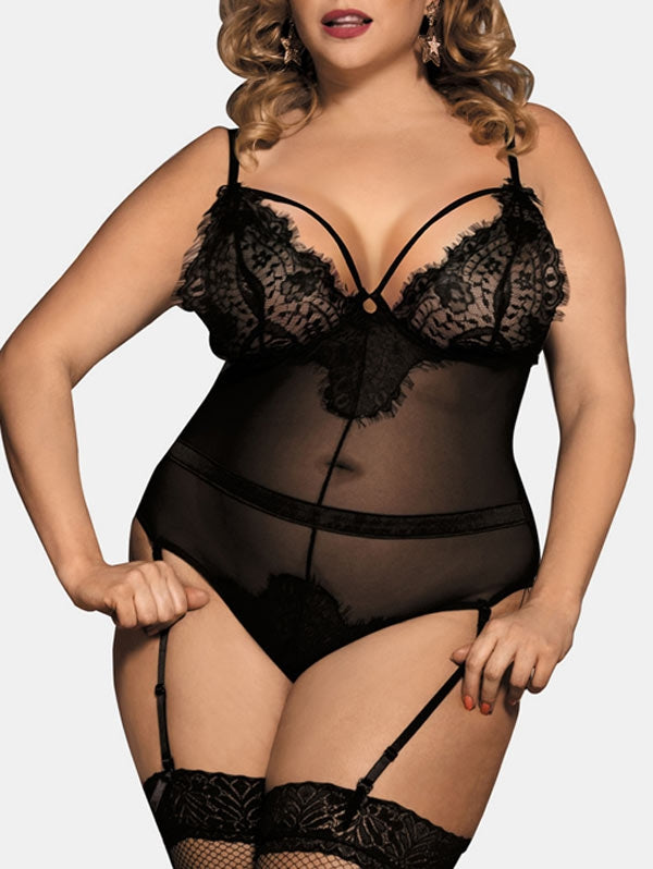 Black fishnet bodysuit - plus size - suspender belt