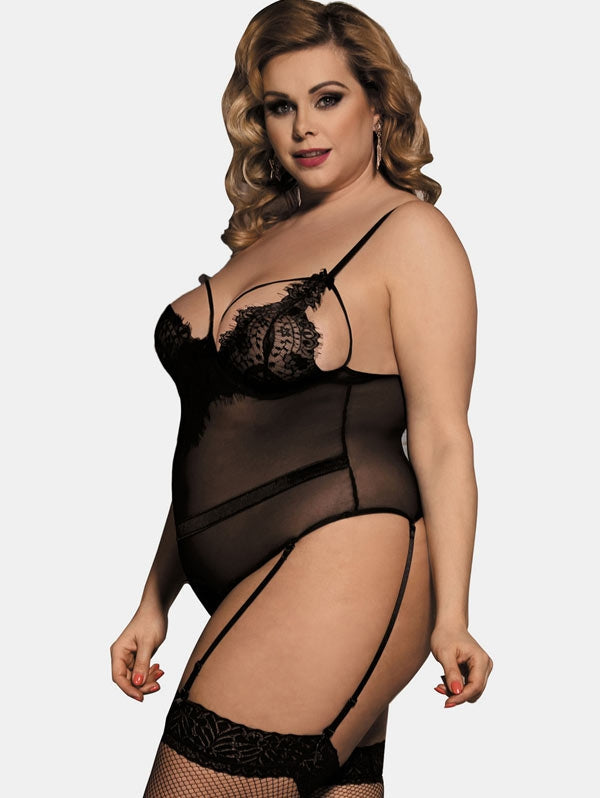 Black fishnet bodysuit - plus size - suspender belt