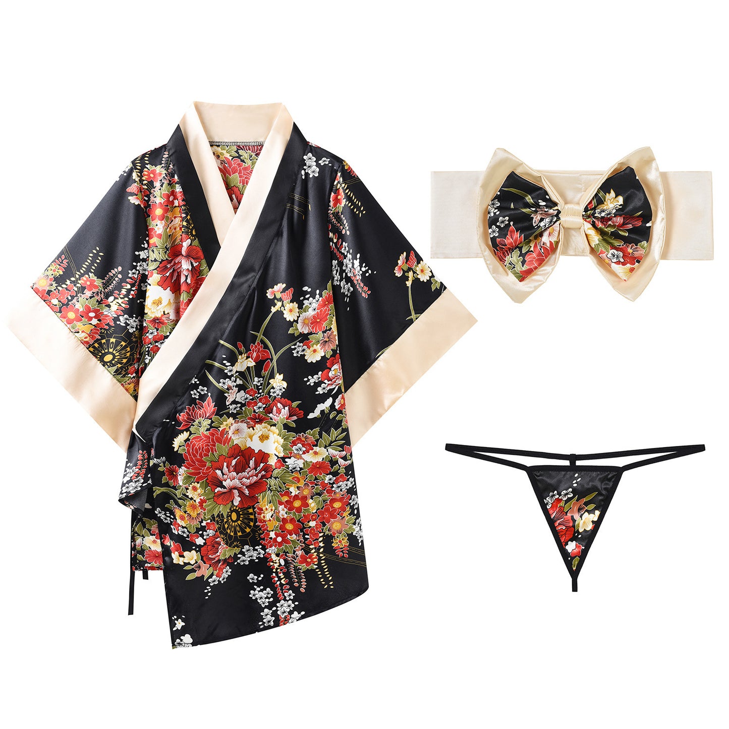 Satin Kimono - Floral Print - One Size