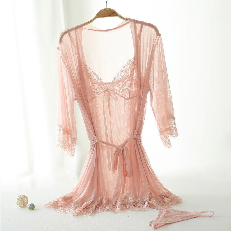 3 Piece Sheer Chiffon Set - Babydoll, Kimono and Matching Thong 