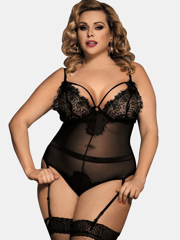 Black fishnet bodysuit - plus size - suspender belt