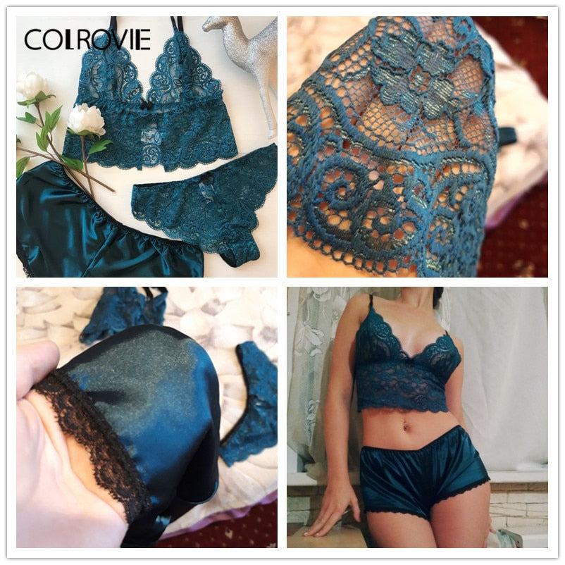 Ensemble lingerie en dentelle et satin - soutien-gorge, tanga et shorty