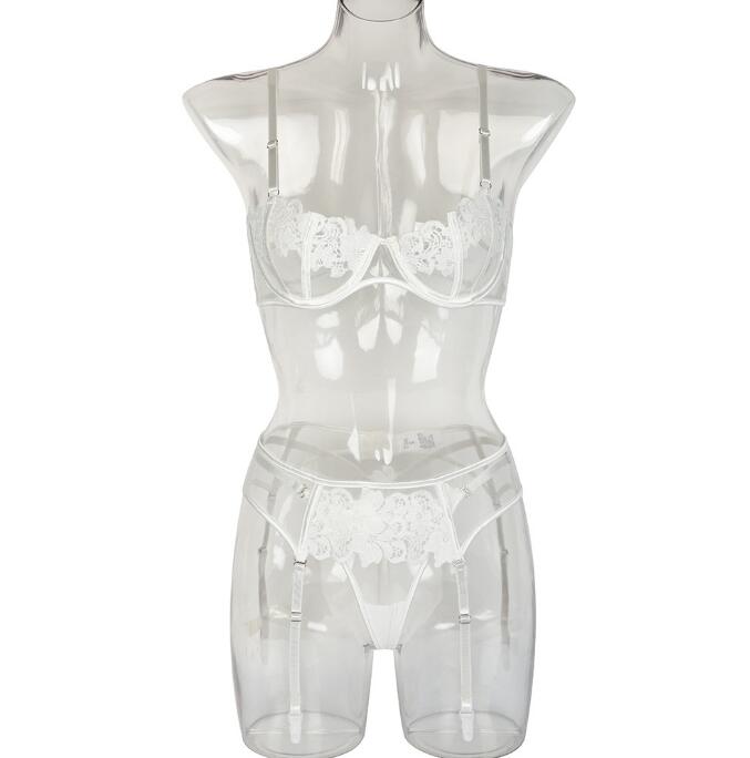 Ensemble transparent soutien-gorge, porte-jarretelle et string assorti