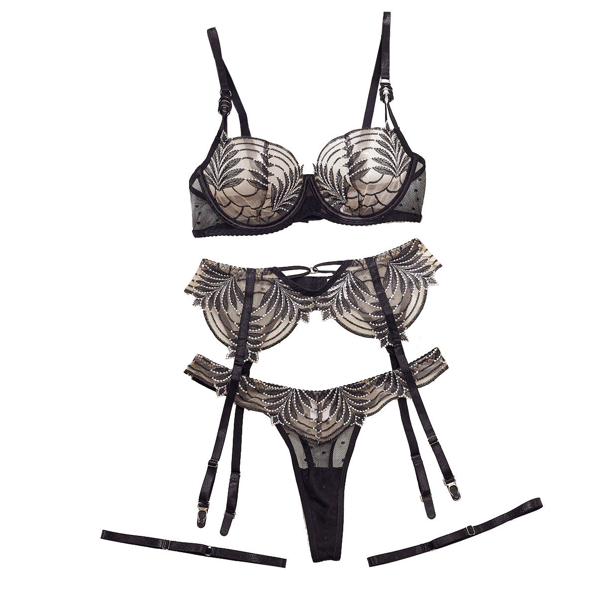 Ensemble 4 pièces en dentelle brodée - soutien-gorge, porte-jarretelles, string et jarretière