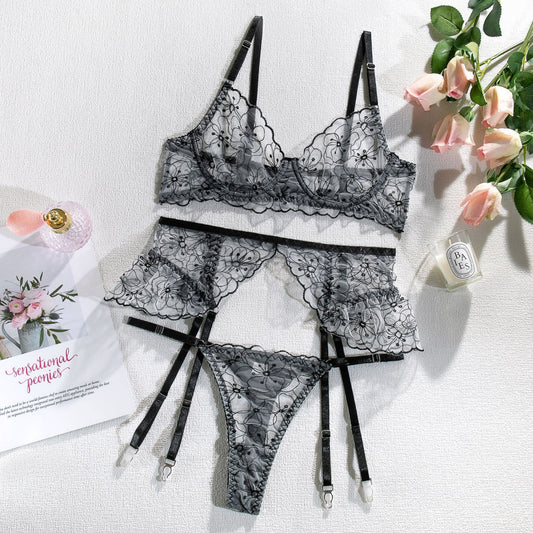 3 Piece Lace Set - Bra, Garter Belt and Matching Thong 