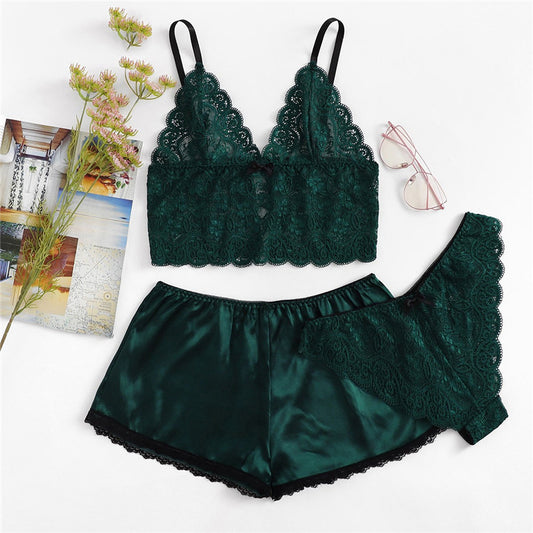 Lace and satin lingerie set - bra, thong and boyshorts