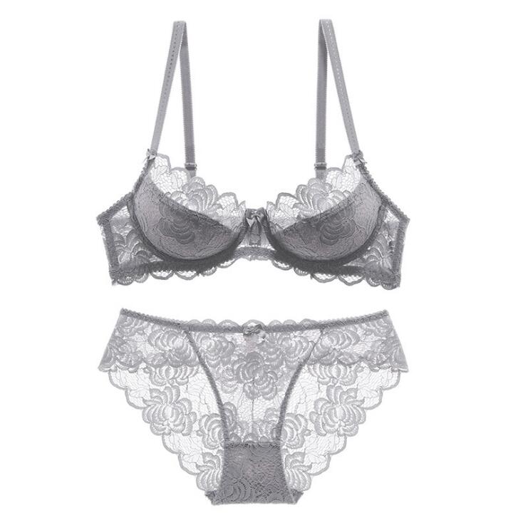 Sexy Bra Ultrathin Underwear Set Plus Size CD Cup Women Transparent Bra Sets Lace Embroidery Lingerie Gray Brassiere