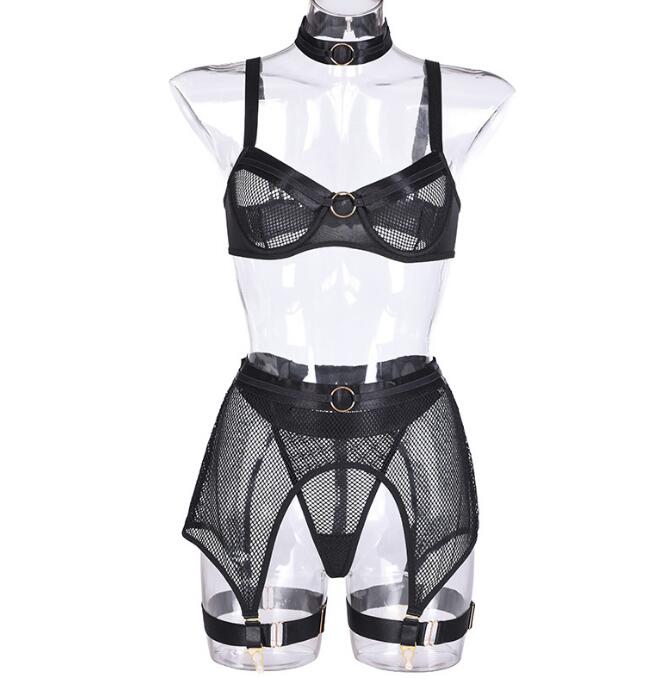 4 Piece Fishnet Set - Bra, Suspender Belt, Thong and Garters 