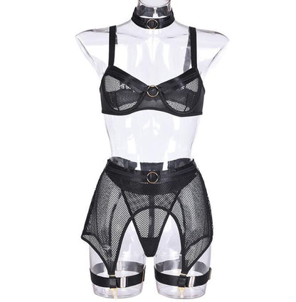 Ensemble 4 pièces en résille - soutien-gorge, porte-jarretelle, string et jarretières