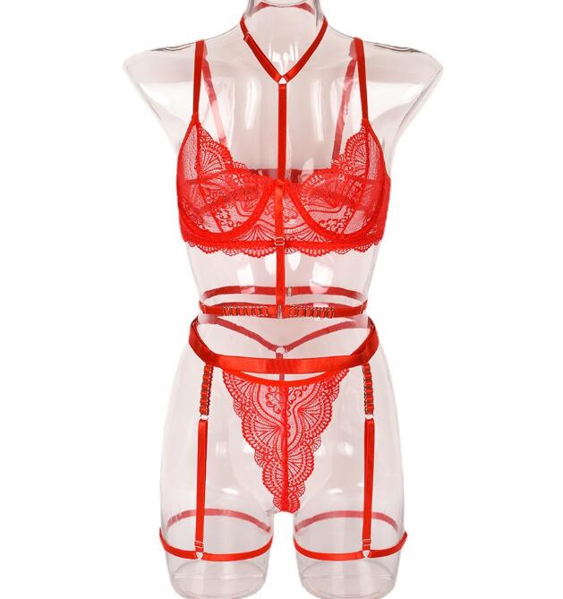 Ensemble 3 pièces transparent - soutien-gorge, porte-jarretelle et string assorti