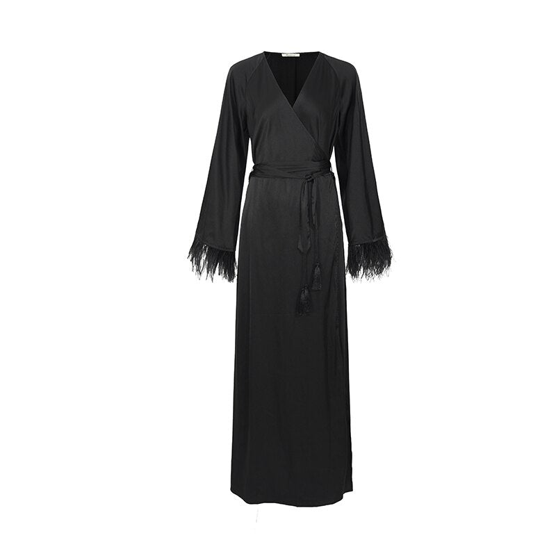 Satin dressing gown - ostrich feather 