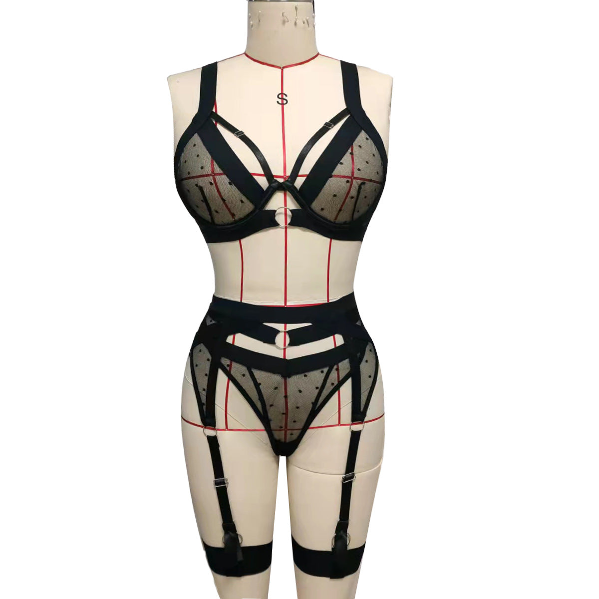 4 Piece Fishnet Set - Bra, Thong, Suspender Belt &amp; Garters